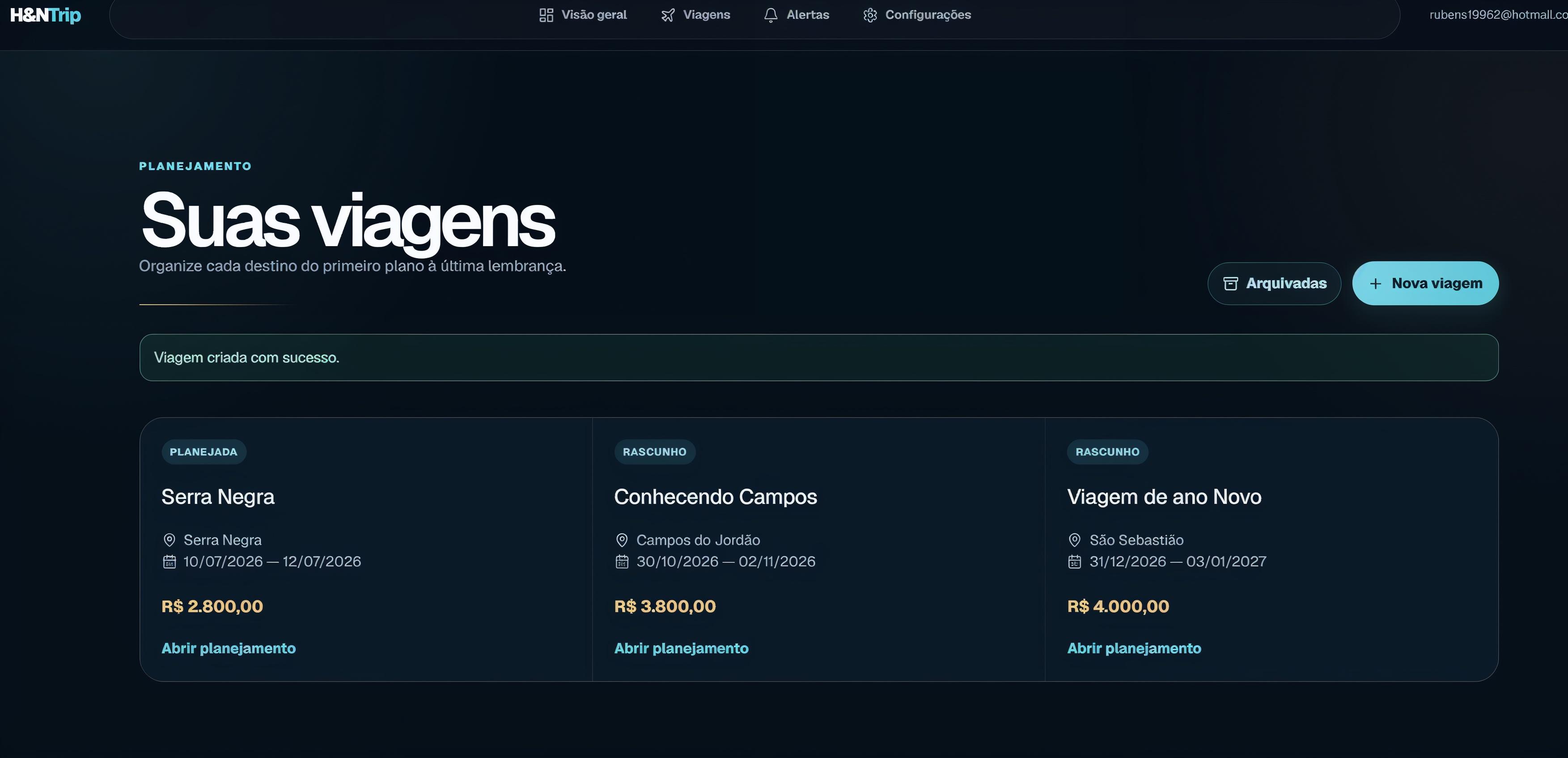 Interface atual do H&NTrip mostrando viagens planejadas
